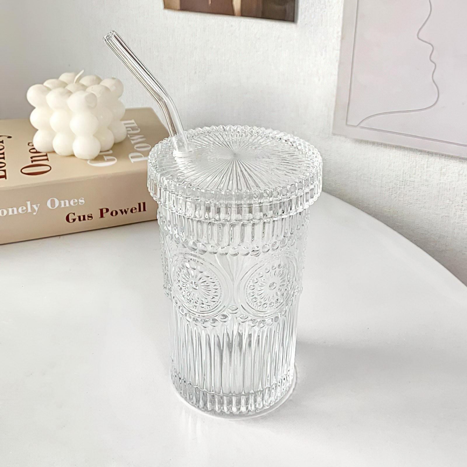 Sunflower Ridged Glass Cup with Straw - Living Simply House