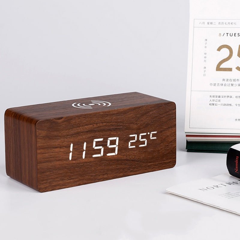 Electronics Wooden Electric Alarm Clock with Wireless Charging Pad - Living Simply House
