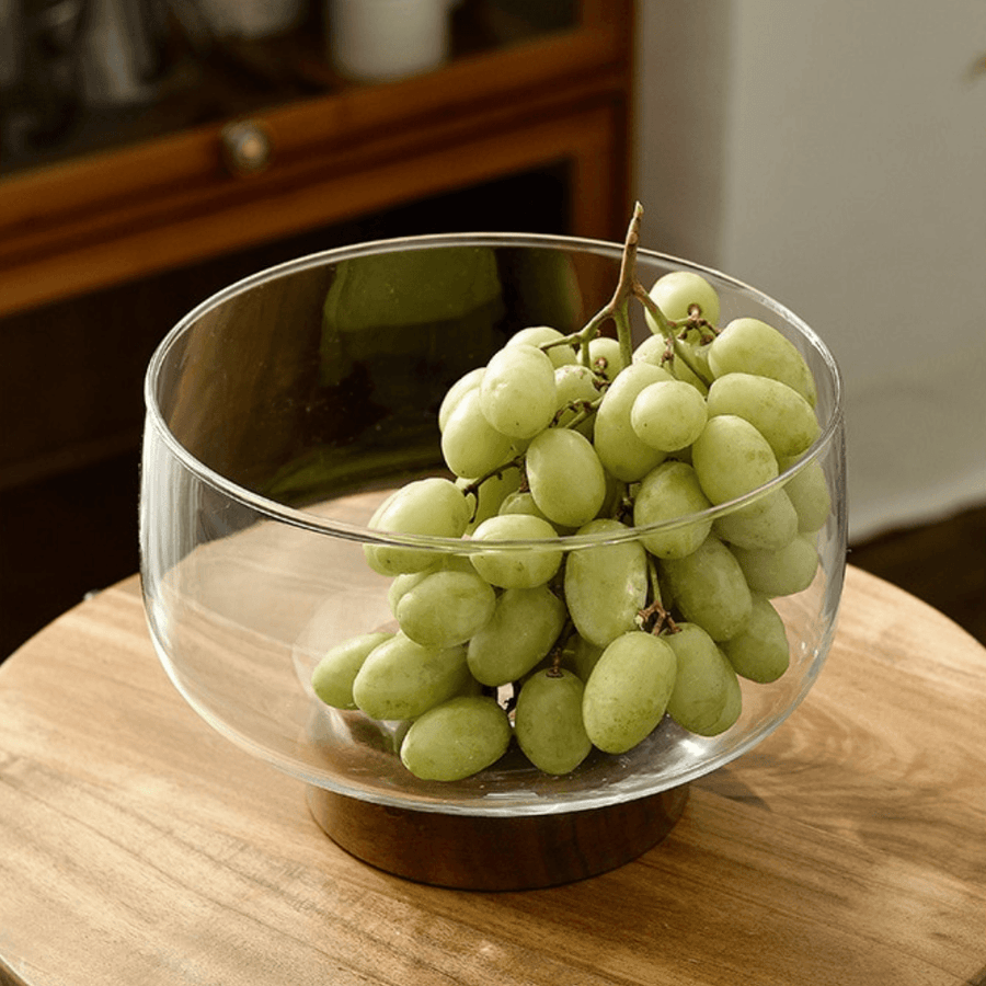 Kitchen European Glass and Wooden Fruit Bowl - Living Simply House