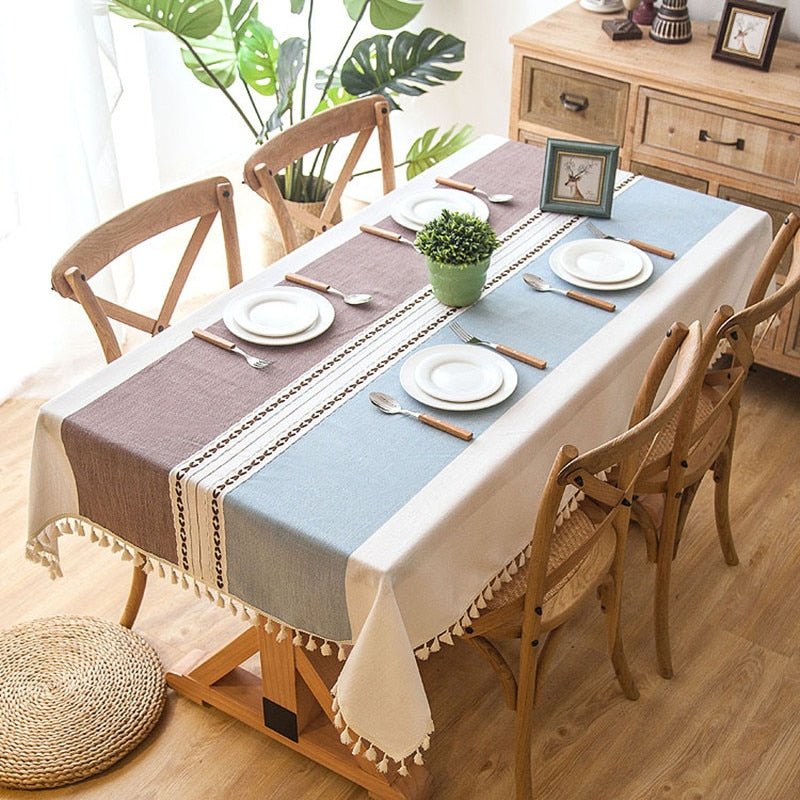 Tablecloth Plaid Linen Tablecloth with Tassels - Living Simply House