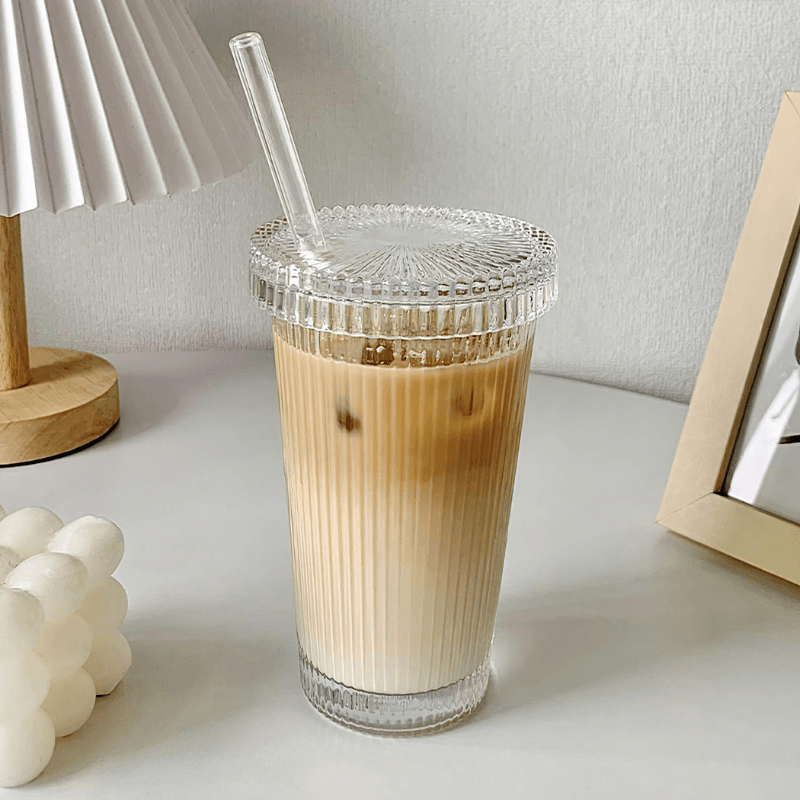 Ridged Glass Cup with Straw - Living Simply House