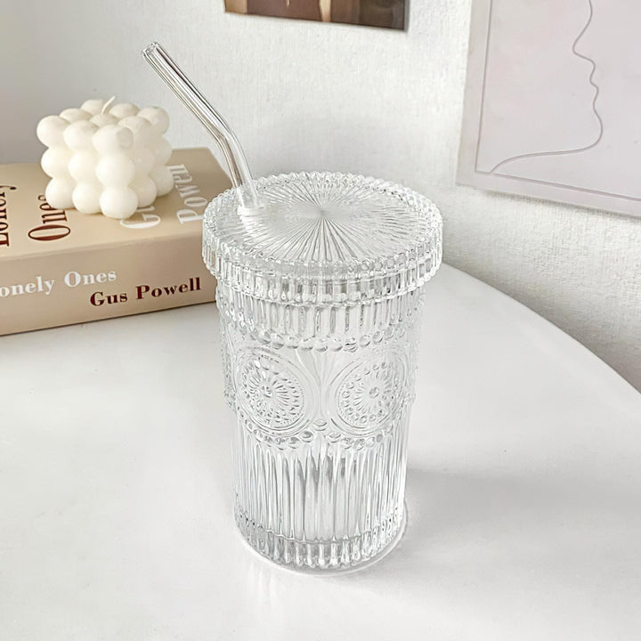 Drinksware Sunflower Ridged Glass Cup with Straw - Living Simply House