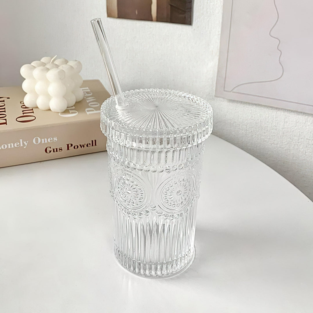 Drinksware Sunflower Ridged Glass Cup with Straw - Living Simply House